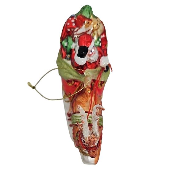 Festive Santa and Reindeer Sleigh Hand Blown Glass Christmas Ornament Glitter - Picture 2 of 5